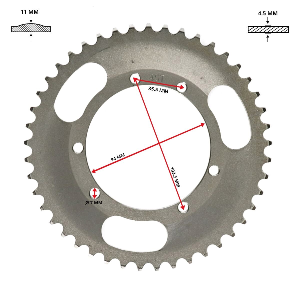 Bakdrev 45 Kugg (Puch Maxi, stort centrumhål, 94mm)